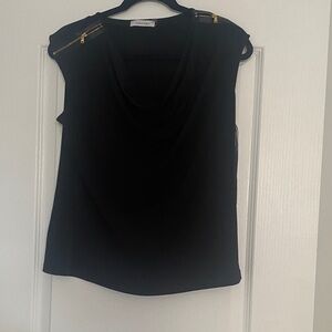 Calvin Klein Black Drape Neck Blouse with Gold Zipper Accents